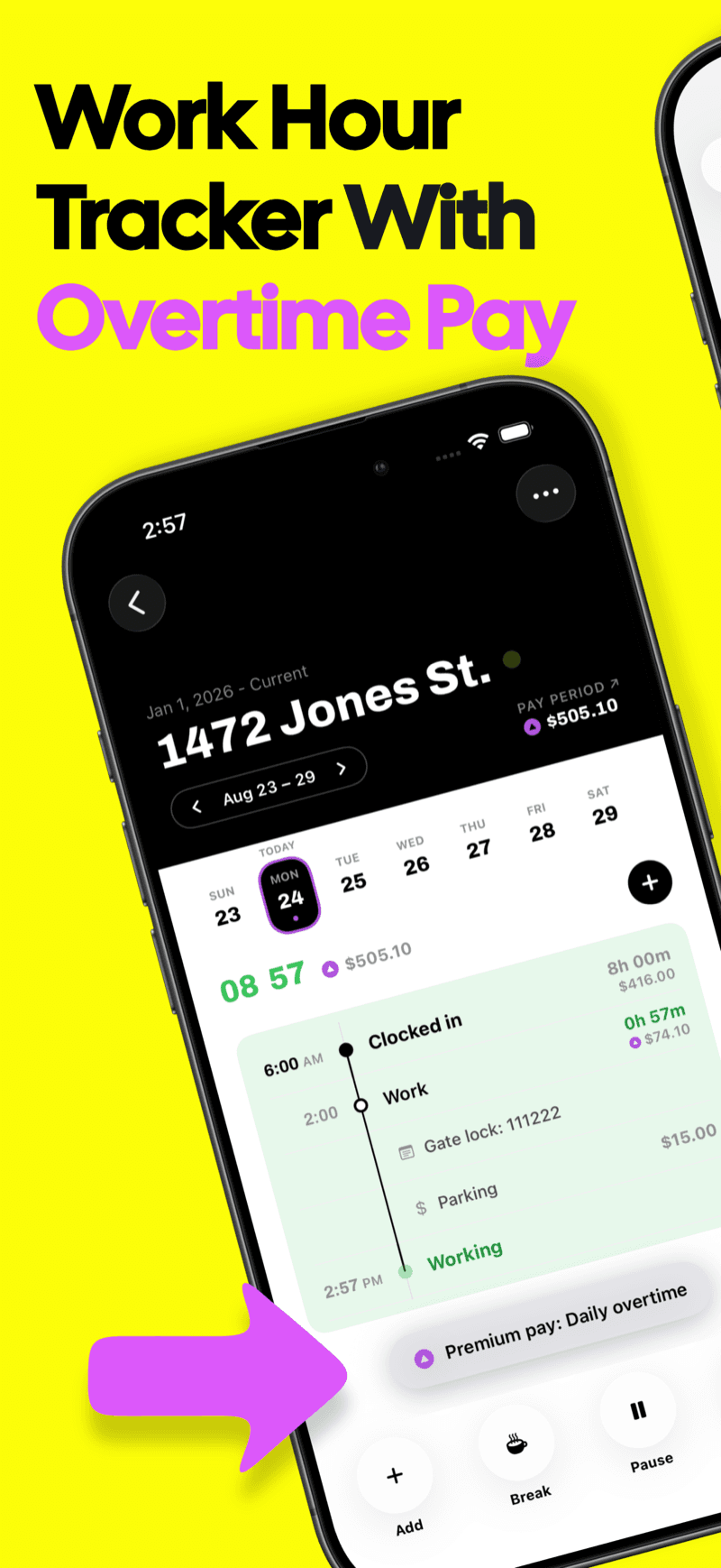 Valio work hour tracker showing a shift timeline with daily overtime premium pay
