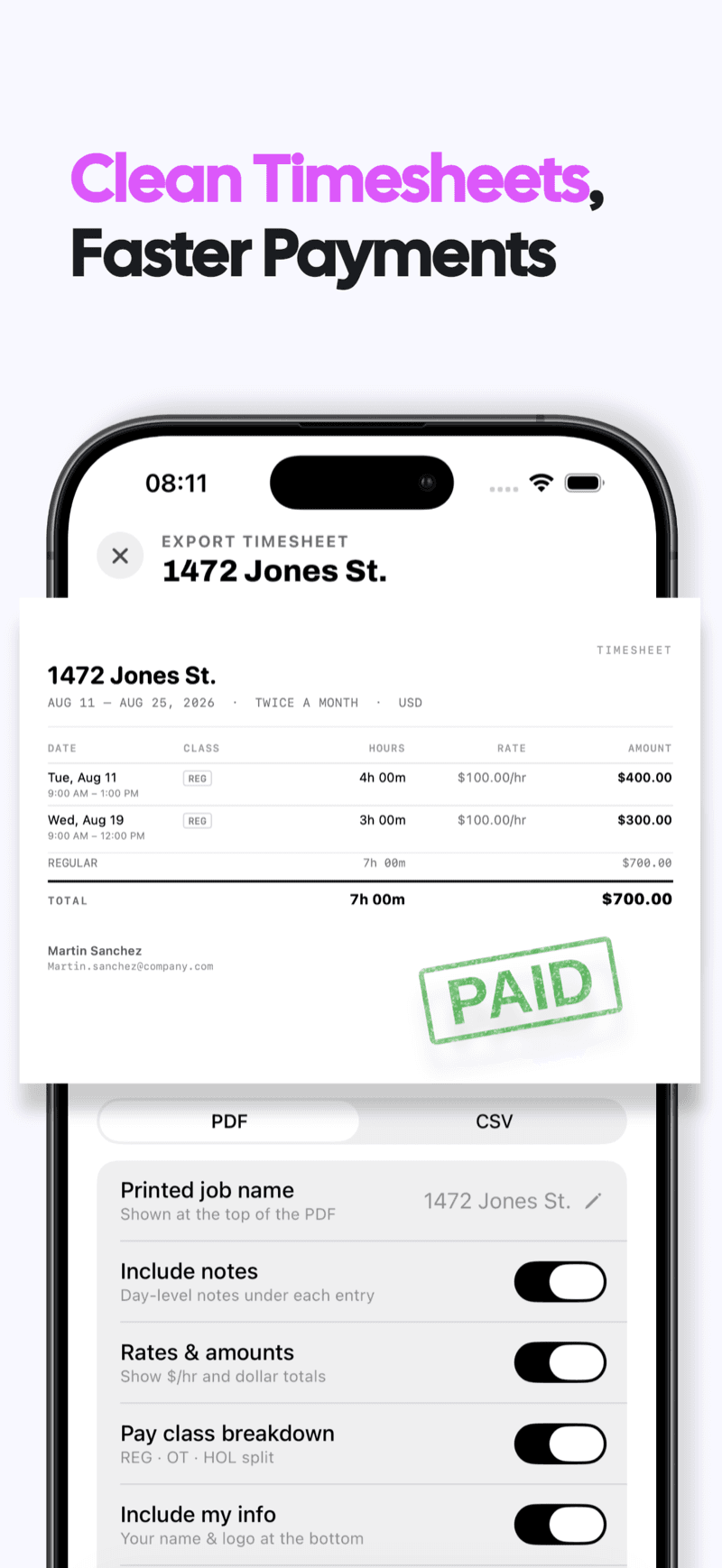 Clean PDF timesheet export with rates, hours and totals for faster payments