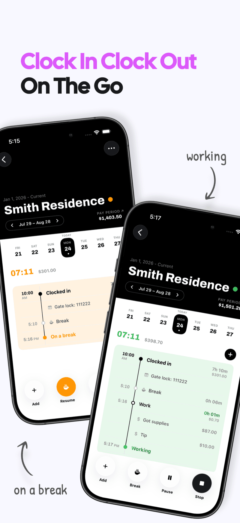 Clock in clock out on the go: working and on-a-break states on a shift timeline