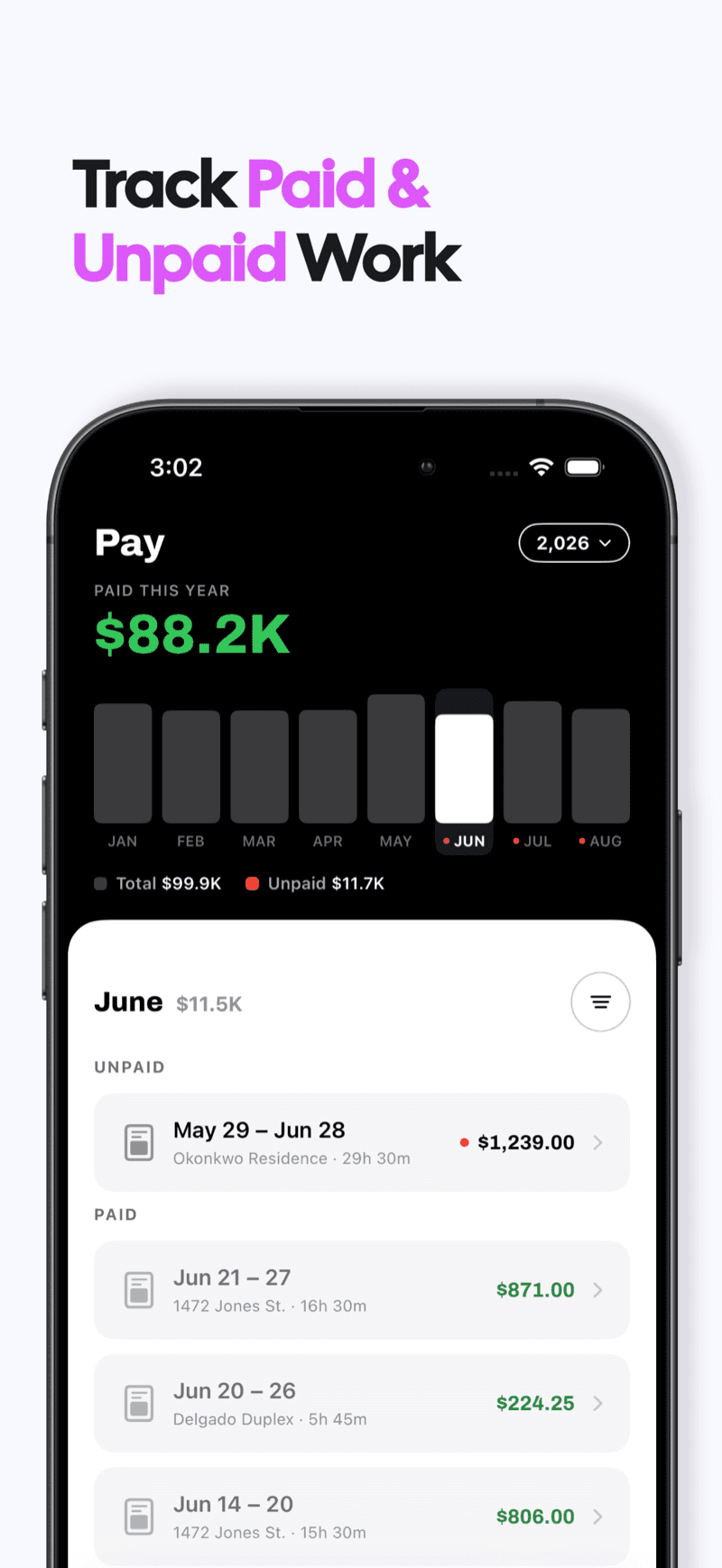 Tracking paid and unpaid work: yearly pay chart with paid and unpaid pay periods