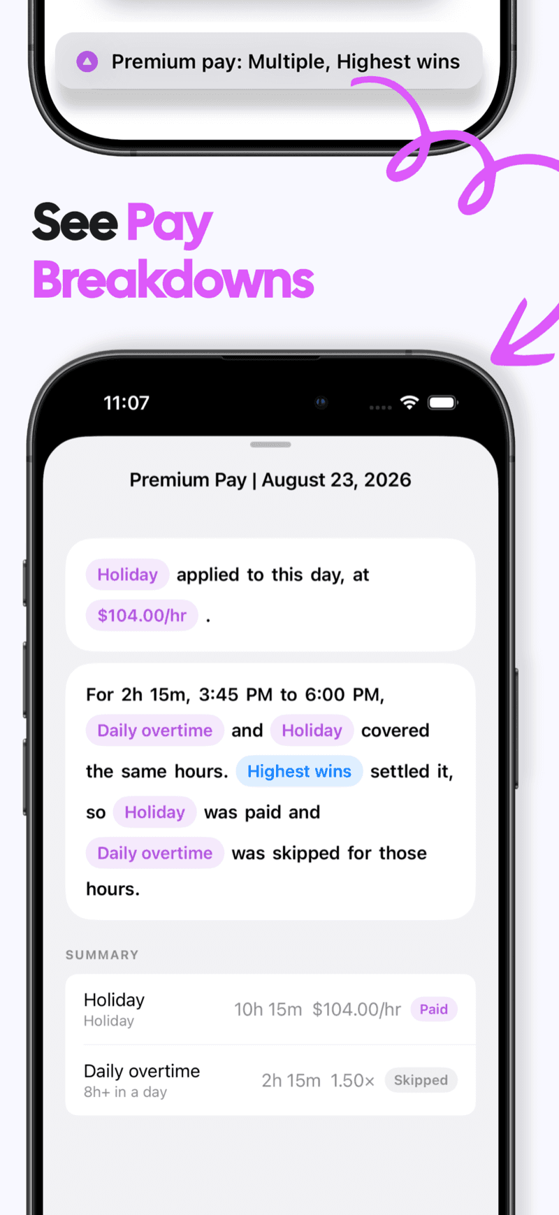 Pay breakdown explaining which pay rule applied to which minutes and why