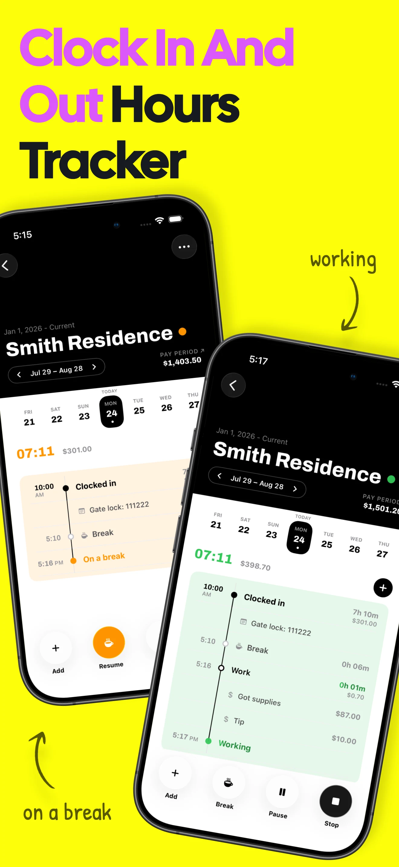 Clock in and out hours tracker with working and break states