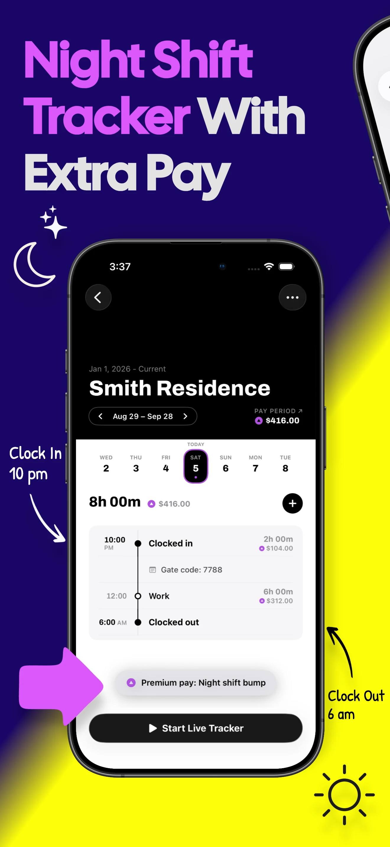 Night shift tracker showing an overnight shift and extra night pay