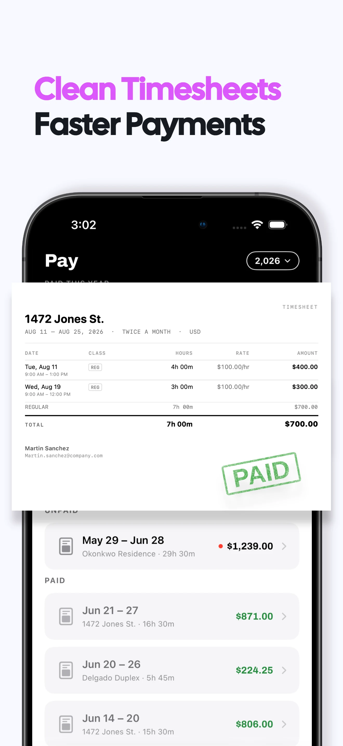 Timesheet with regular hours and night premium separated