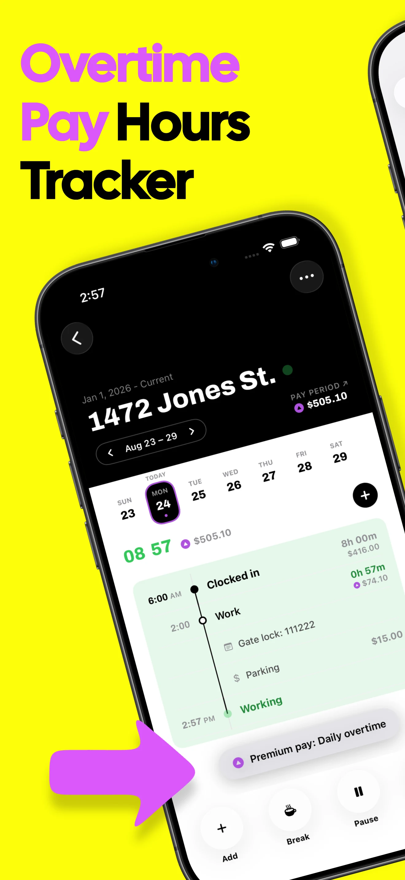 Overtime pay hours tracker showing daily overtime on a shift