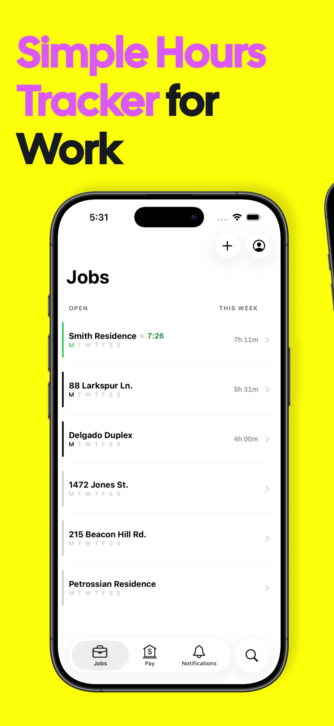 Simple hours tracker for work showing a clean jobs list