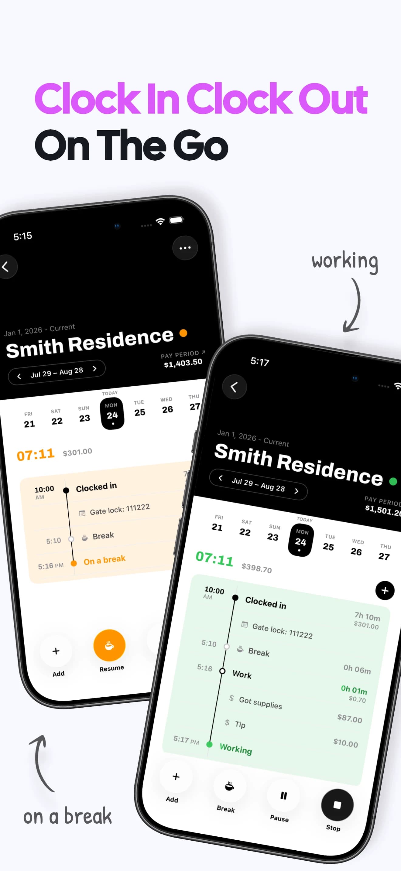 One-tap work clock for starting a shift