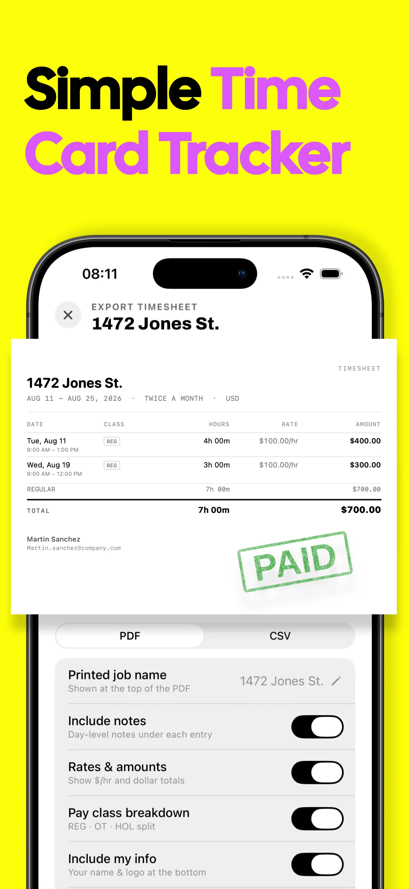 Simple digital time card tracker for a completed work shift