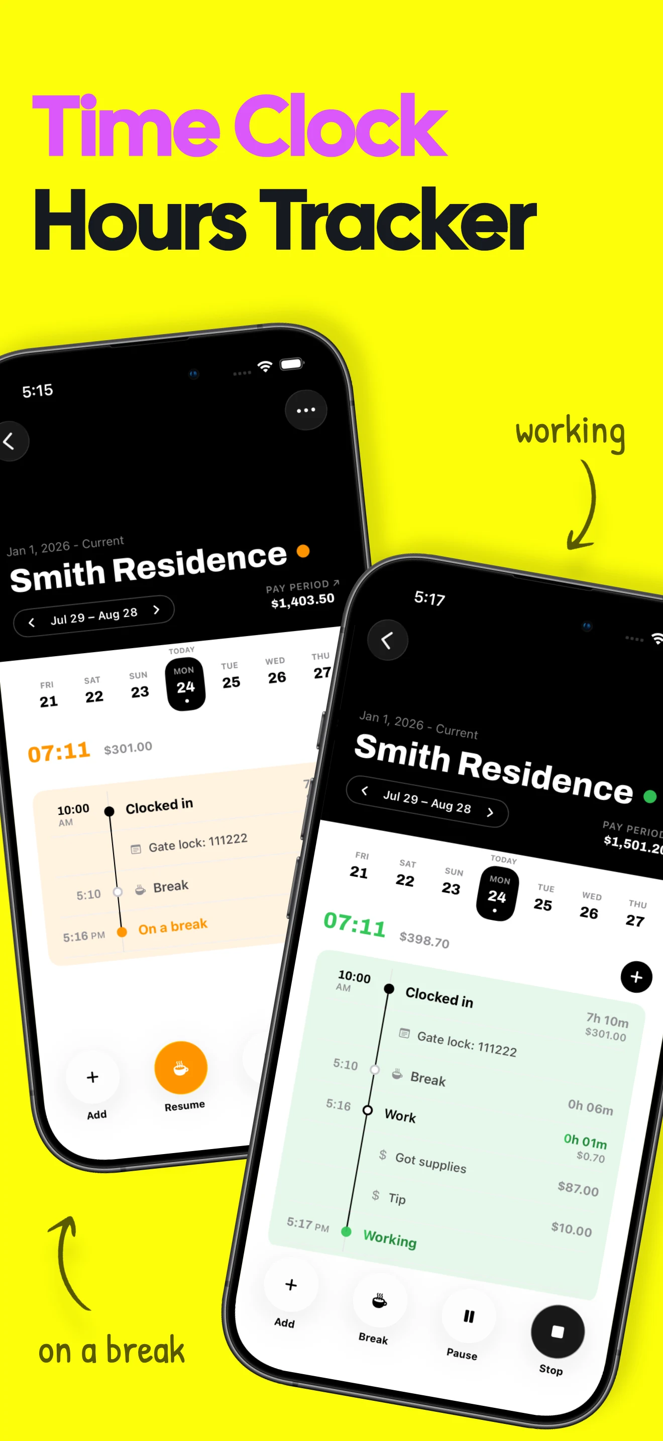 Time clock hours tracker with working and break states