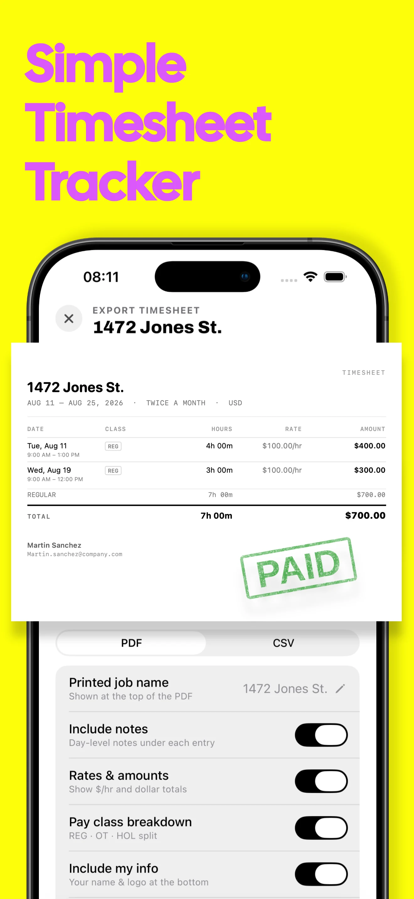 Simple timesheet tracker with a PDF work-hours record