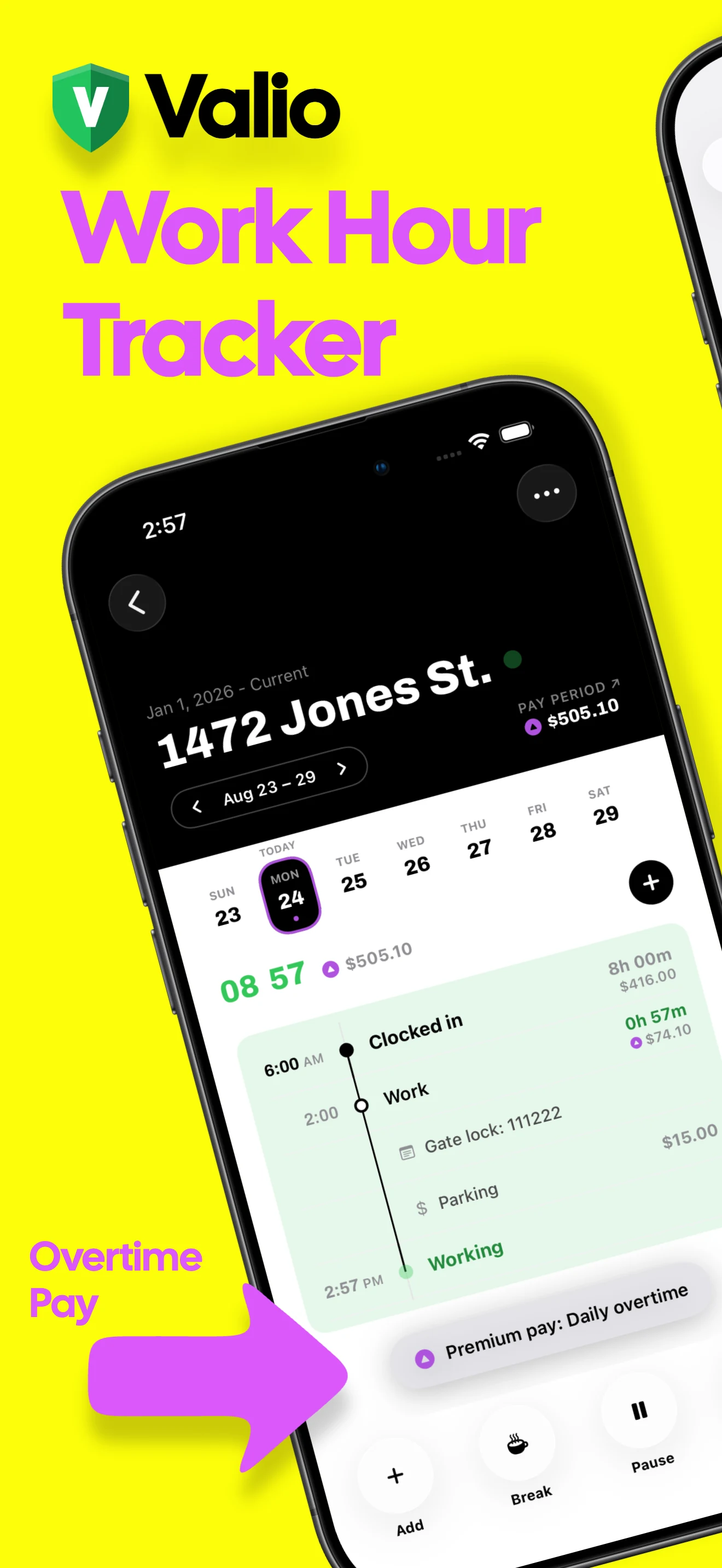 Valio work hour tracker showing hours, expected pay and daily overtime