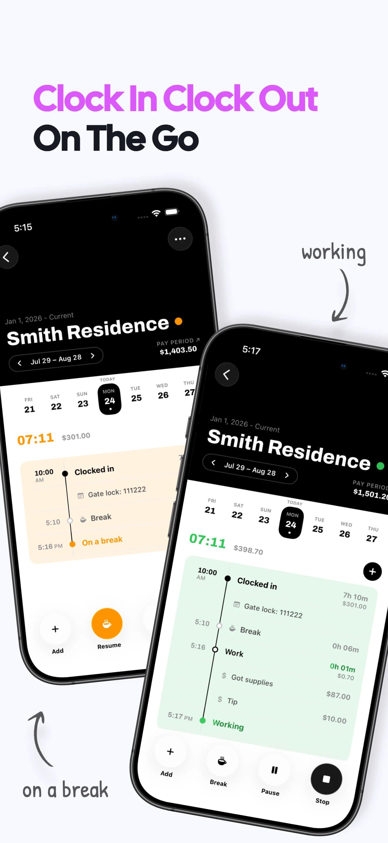 Live clock and manual options for logging work