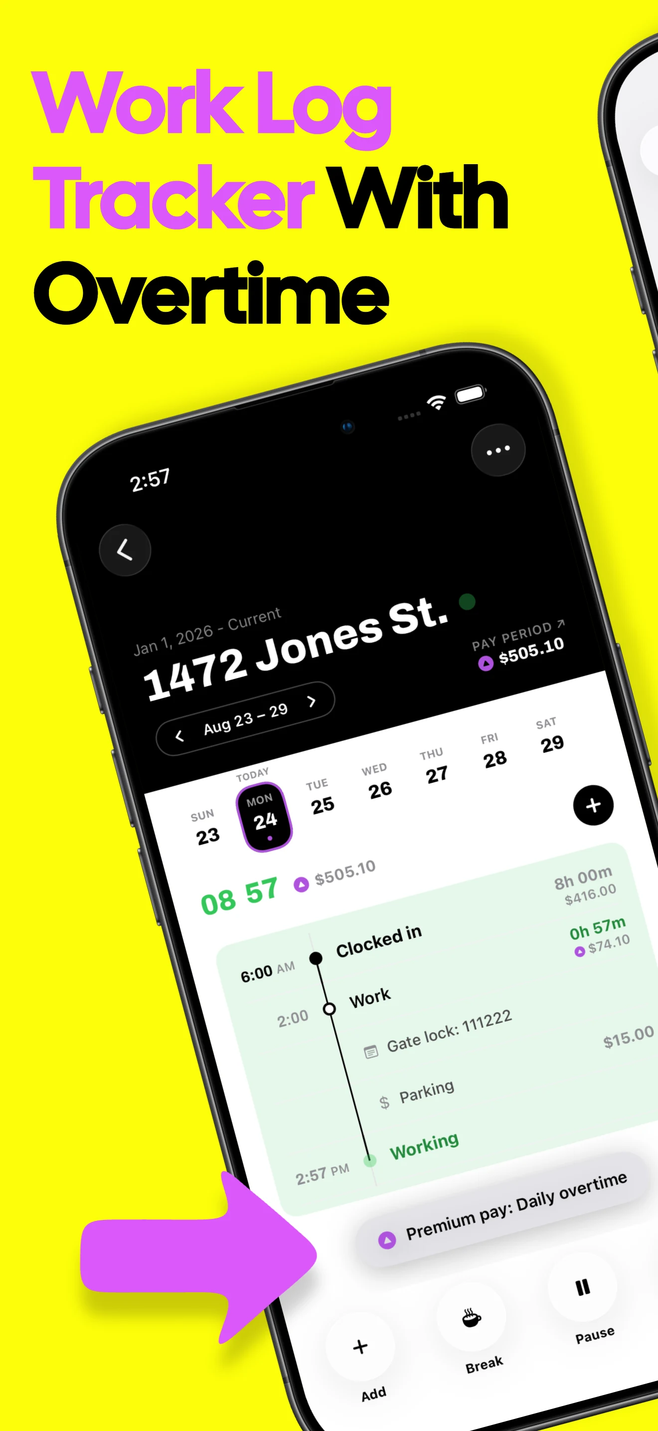Work log tracker showing hours, overtime and expected pay